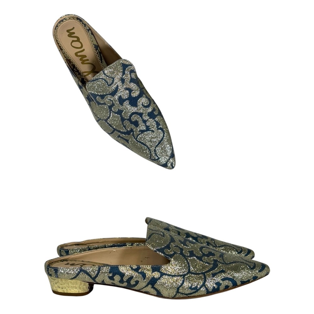 Sam Edelman Augustine Navy Gold Metallic Brocade Pointed Toe Mules Flats 7.5M